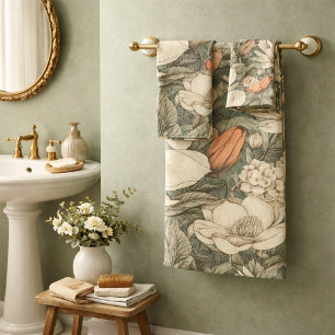 Earthy Magnolias Sage Terracotta Botanicals  Bath Towel Set