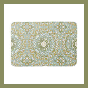 Earthy Mandala in Green, Gold, and Soft Blue Bath Mat