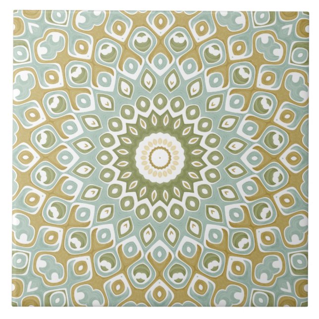 Earthy Mandala in Green, Gold, and Soft Blue Ceramic Tile (Front)