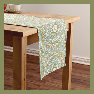 Earthy Mandala in Green, Gold, and Soft Blue Medium Table Runner