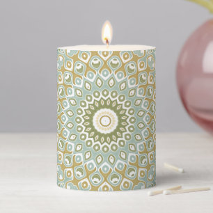 Earthy Mandala in Green, Gold, and Soft Blue Pillar Candle