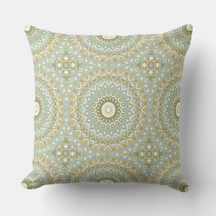 Earthy Mandala in Green, Gold, and Soft Blue Throw Pillow