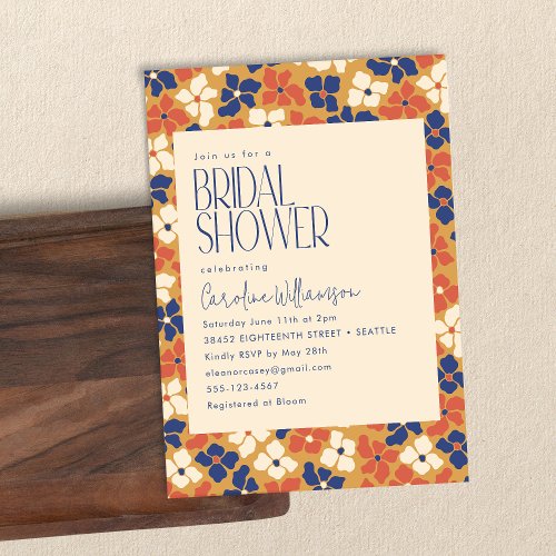 Earthy Modern Blue Yellow Red Floral Bridal Shower Invitation
