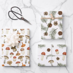 Earthy Mushrooms Pine Tree Branch Pinecones Gift Wrapping Paper Sheets