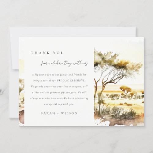 Earthy Muted Watercolor African Landscape Wedding Thank You Card