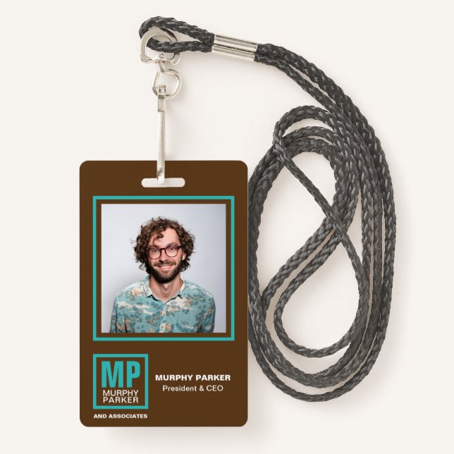 Earthy Natural Brown Turquoise Monogram Logo Photo Badge (Front with Lanyard)