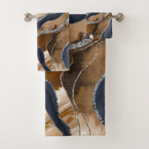Earthy Navy Blue Marble Agate Silver Glitter 1 Bath Towel Set