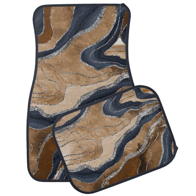 Earthy Navy Blue Marble Agate Silver Glitter 1 Car Floor Mat (Set)