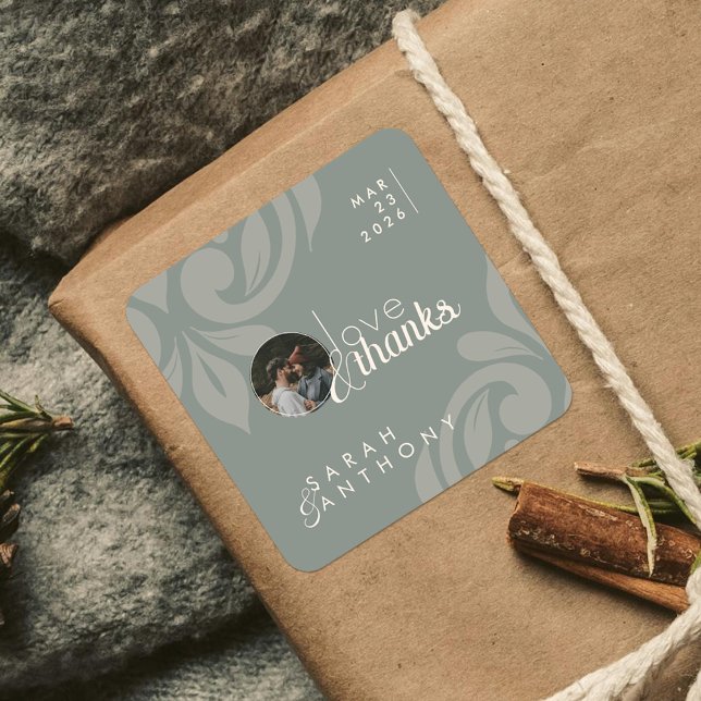 Earthy Olive Classic Damask Elegant Photo Wedding Square Sticker (Creator Uploaded)