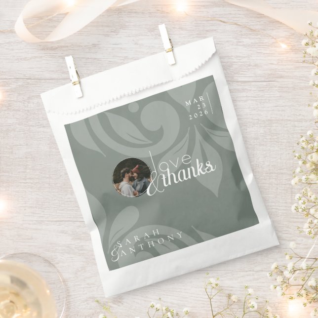Earthy Olive Classic Damask Photo Wedding Favor Bag (Clipped)