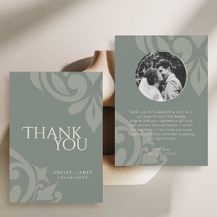 Earthy Olive Classy Elegant Damask Photo Wedding  Thank You Card