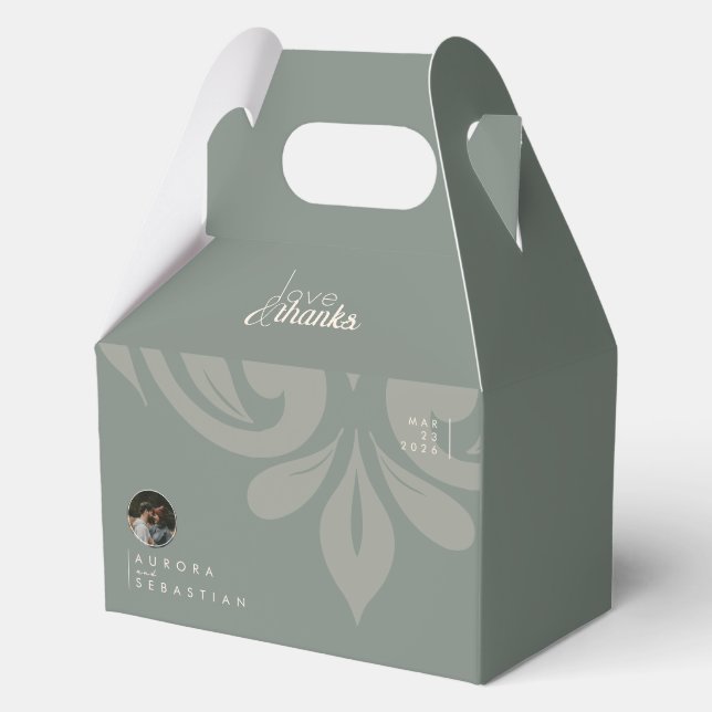 Earthy Olive Damask Sleek Minimal Photo Wedding Favor Boxes (Front)
