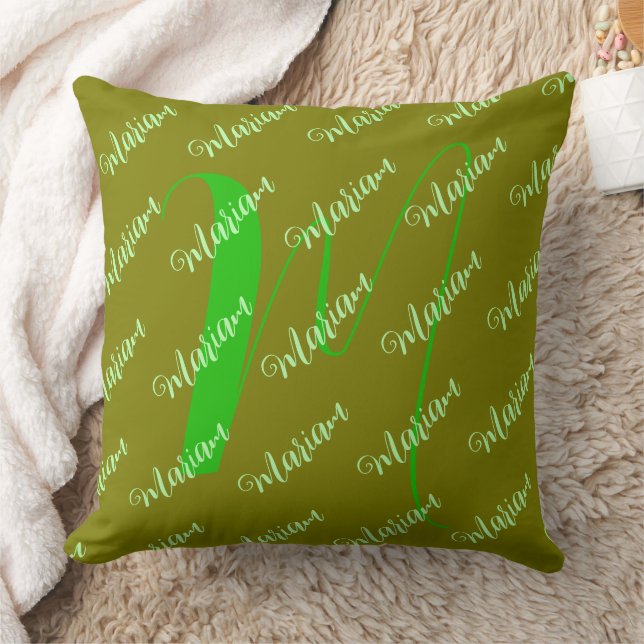 Earthy Olive Green Pillow with Name & Monogram (Blanket)