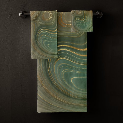 Earthy Olive Strata  Green and Gold Ink Agate Bath Towel Set