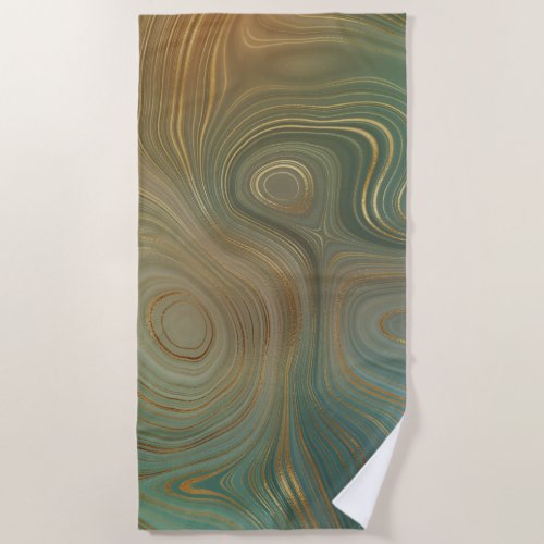 Earthy Olive Strata  Green and Gold Ink Agate Beach Towel