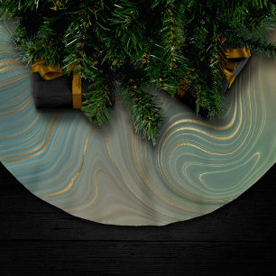 Earthy Olive Strata Green and Gold Ink Agate Brushed Polyester Tree Skirt