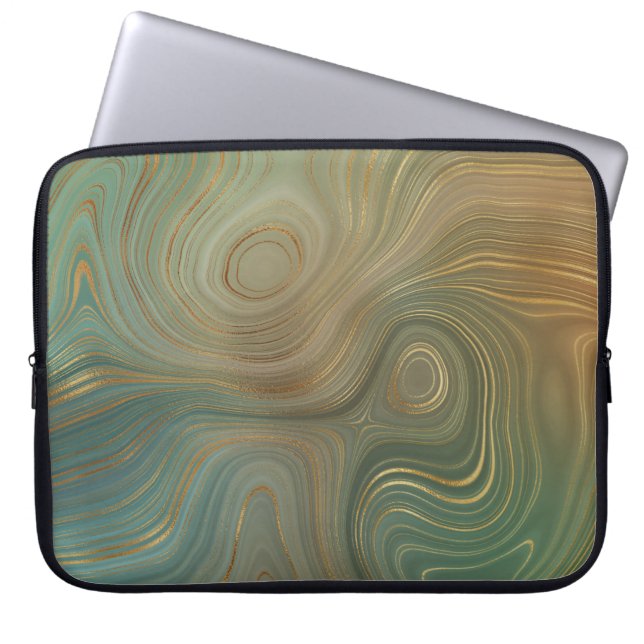 Earthy Olive Strata | Green and Gold Ink Agate Laptop Sleeve (Front)