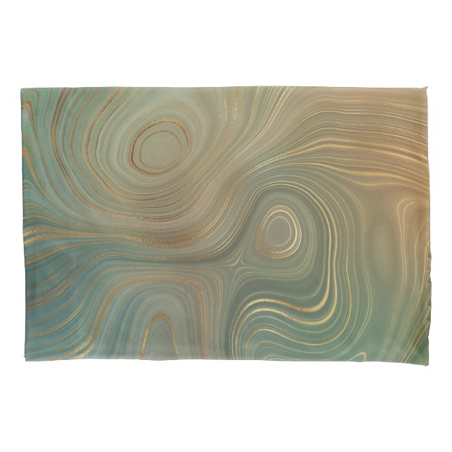 Earthy Olive Strata | Green and Gold Ink Agate Pillow Case (Front)