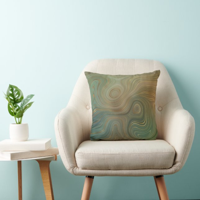 Earthy Olive Strata | Green and Gold Ink Agate Throw Pillow (Chair)