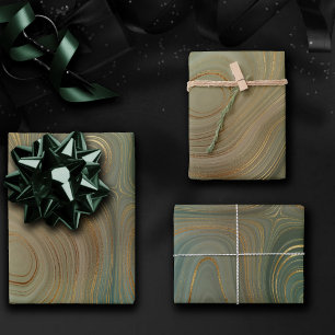 Earthy Olive Strata Green and Gold Ink Agate Wrapping Paper Sheets