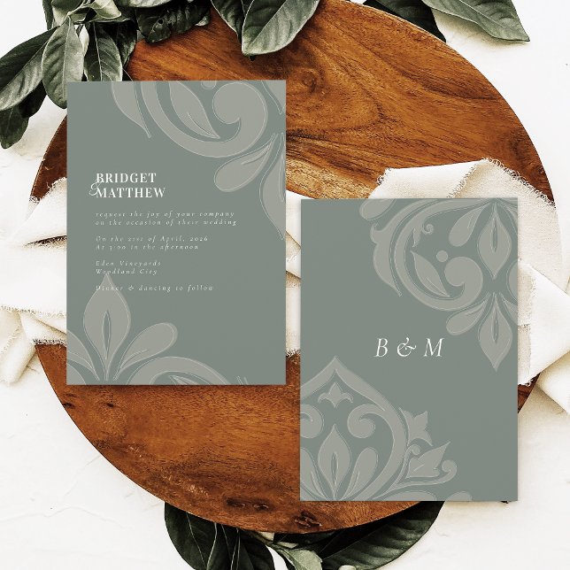 Earthy Olive Tasteful Classic Damask Wedding Invitation (Creator Uploaded)