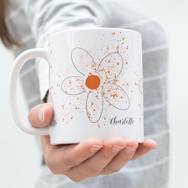 Earthy orange modern florals name script white coffee mug (Creator Uploaded)