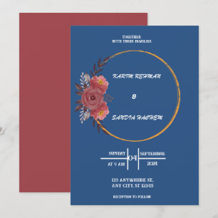 Earthy Orange Roses Floral Navy Blue Wedding  Invi Invitation