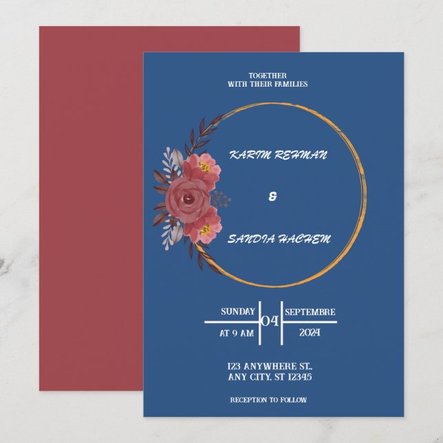 Earthy Orange Roses Floral Navy Blue Wedding  Invi Invitation (Front/Back)