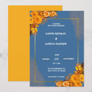 Earthy Orange Roses Floral Navy Blue Wedding Invitation