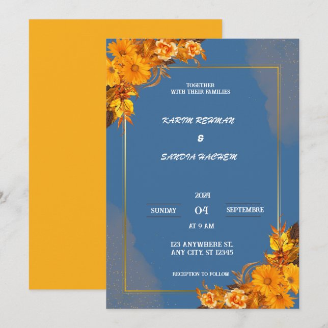 Earthy Orange Roses Floral Navy Blue Wedding  Invitation (Front/Back)