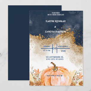 Earthy Orange Roses Floral Navy Blue Wedding Invitation