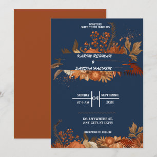 Earthy Orange Roses Floral Navy Blue Wedding Invitation