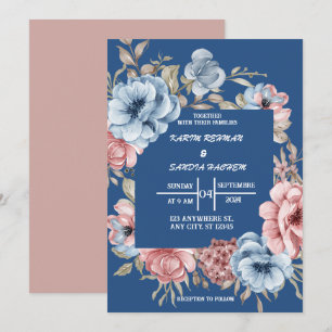 Earthy Orange Roses Floral Navy Blue Wedding Invitation