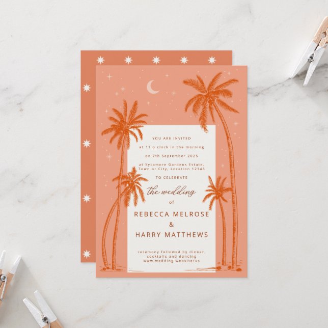Earthy Palm Trees orange boho wedding invitation  (Front/Back In Situ)