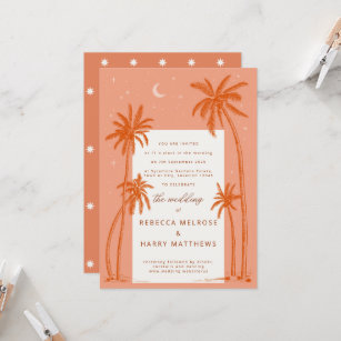 Earthy Palm Trees orange boho wedding invitation 