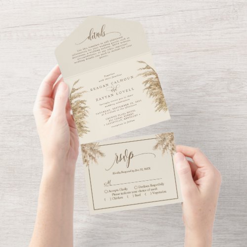 Earthy Pampas Grass Bohemian Wedding All In One Invitation