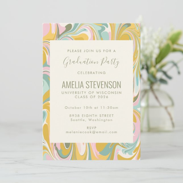 Earthy Pastel Abstract Marble Graduation Party Invitation (Standing Front)