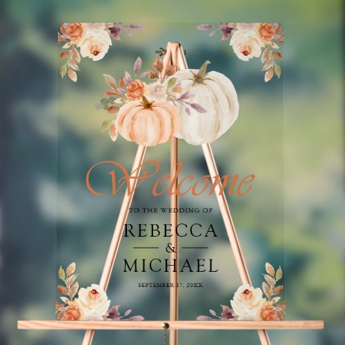 Earthy Peach Floral Pumpkin Wedding Welcome Acrylic Sign