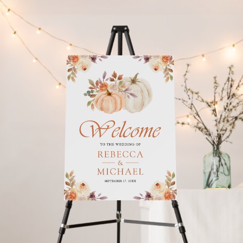 Earthy Peach Floral Pumpkin Wedding Welcome Sign