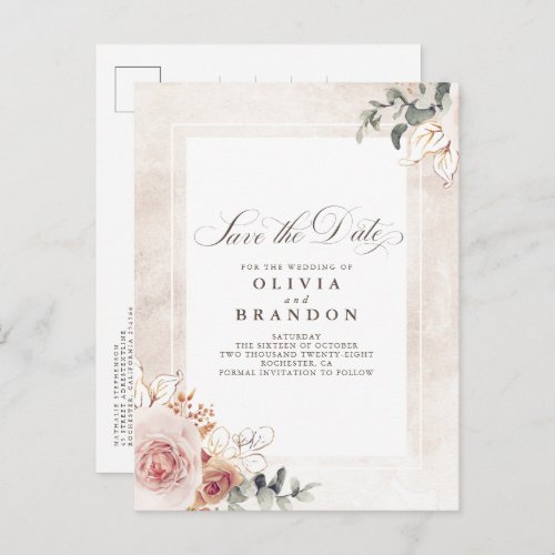 Earthy Pink Floral Elegant Save The Date Announcement Postcard