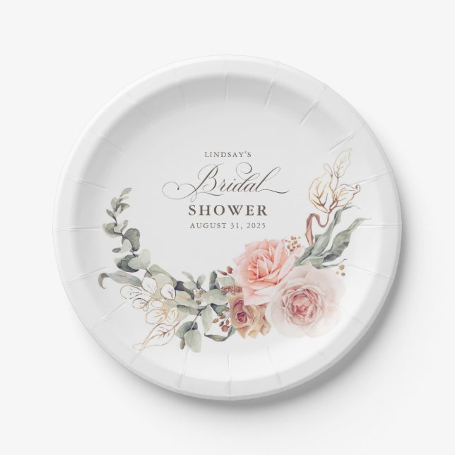 Earthy Pink Flowers Elegant Boho Bridal Shower Paper Plates (Front)