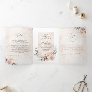 Earthy Pink Flowers Elegant Boho Wedding Tri-Fold Invitation