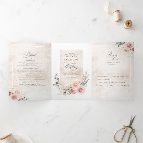 Earthy Pink Flowers Elegant Boho Wedding Tri_Fold Invitation