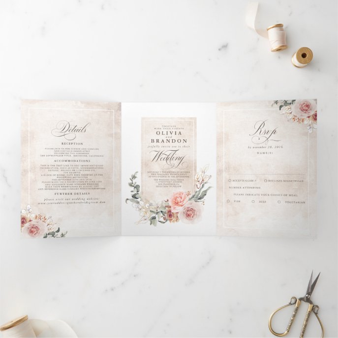 Earthy Pink Flowers Elegant Boho Wedding Tri-Fold Invitation