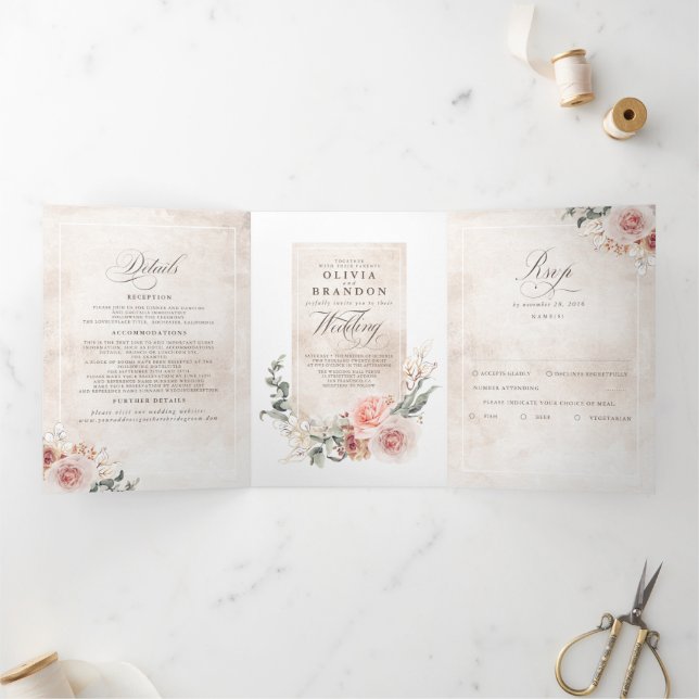 Earthy Pink Flowers Elegant Boho Wedding Tri-Fold Invitation (Inside)