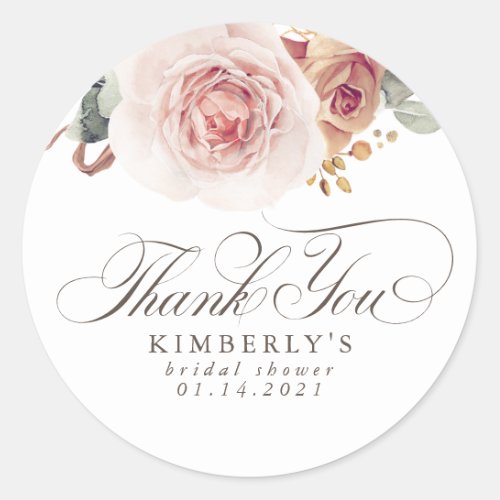 Earthy Pink Flowers Elegant Thank You Classic Round Sticker