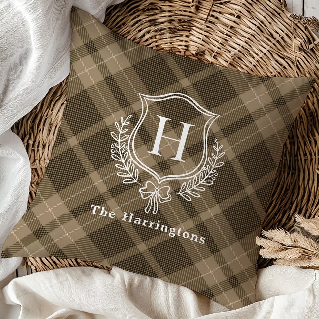 Earthy Plaid Winter Monogram Crest Initial Throw Pillow (Creator Uploaded)