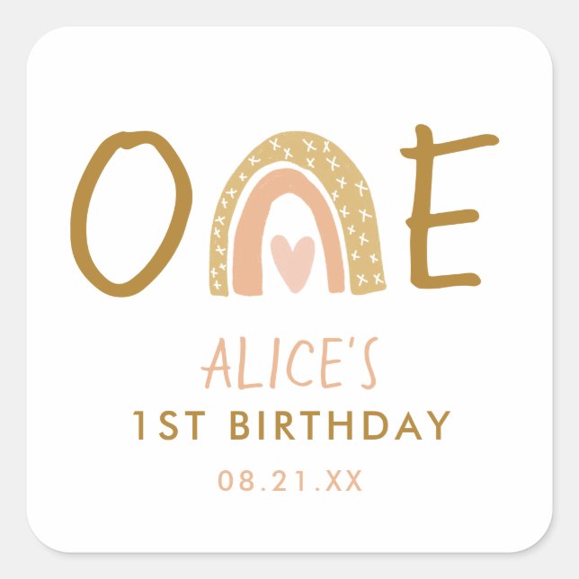 Earthy Rainbow 1st Birthday Girl  Classic Round St Square Sticker (Front)