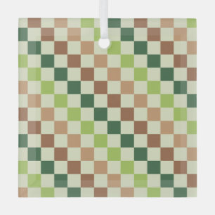 Earthy rainbow diagonal checkerboard pattern glass ornament