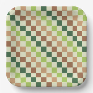 Earthy rainbow diagonal checkerboard pattern paper plates